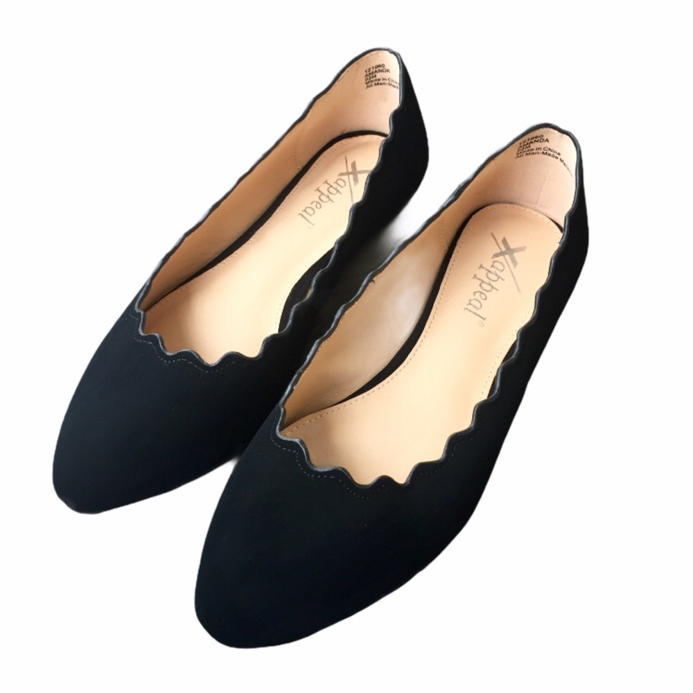 XAppeal Black Suede Scalloped Slip On Flats
